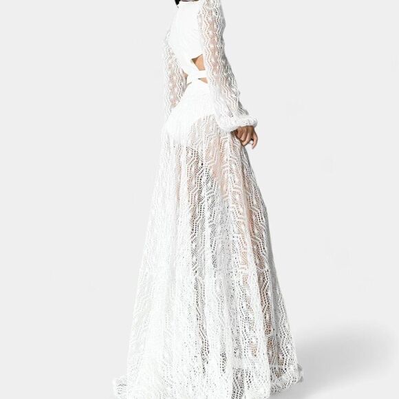 White Long Sleeve Sheer Lace Cutout VNeck Flowy A-Line Flared Maxi Dress Size S - Picture 3 of 7